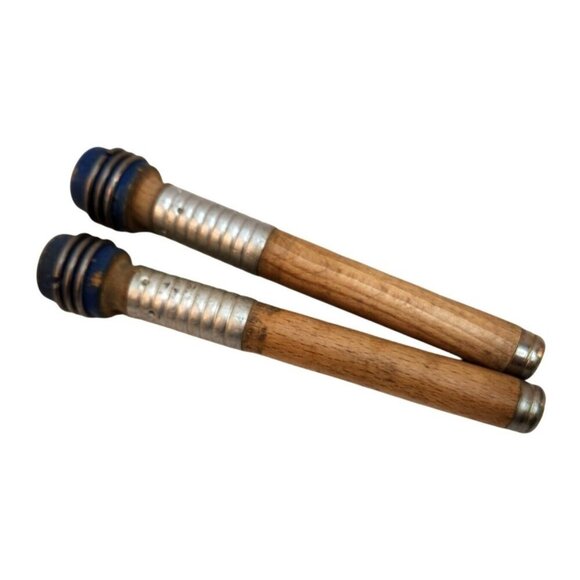 Vintage Wooden & Metal Weaving Bobbins With Blue Tips Set Of 2 Primitive country - Picture 1 of 6